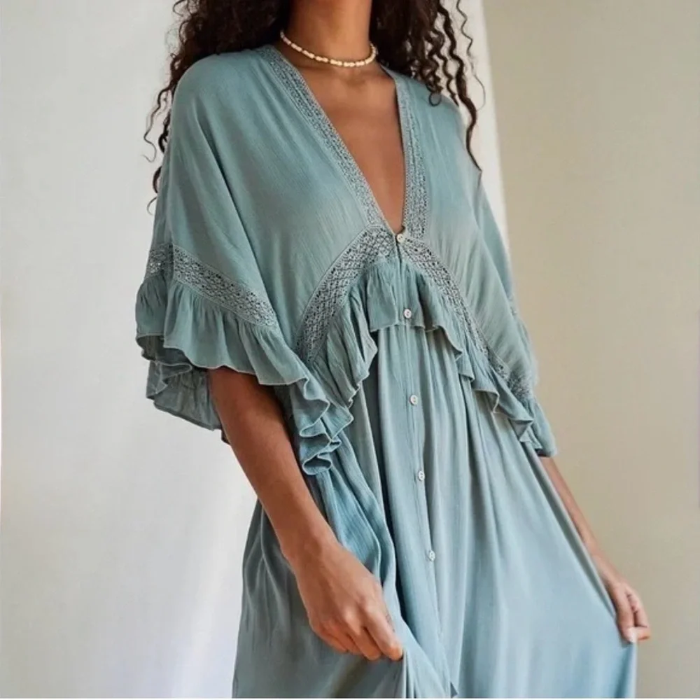 Free People Sage Blue Ruffled Maxi Dress